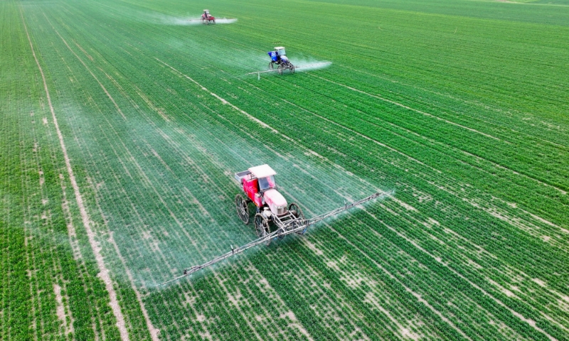 2024年2月18日，安徽省亳州市，利辛縣紀王場鄉(xiāng)孫老家村麥田，農民駕駛自走式高桿噴霧機對小麥進行噴藥作業(yè)。